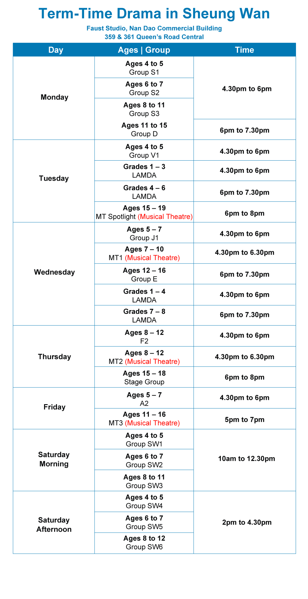 Term-Time Drama workshop schedule at the Faust Studios, Sheung Wan